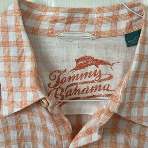 100% linen Tommy Bahama long sleeve button-down shirt.in white & orange plaid. L